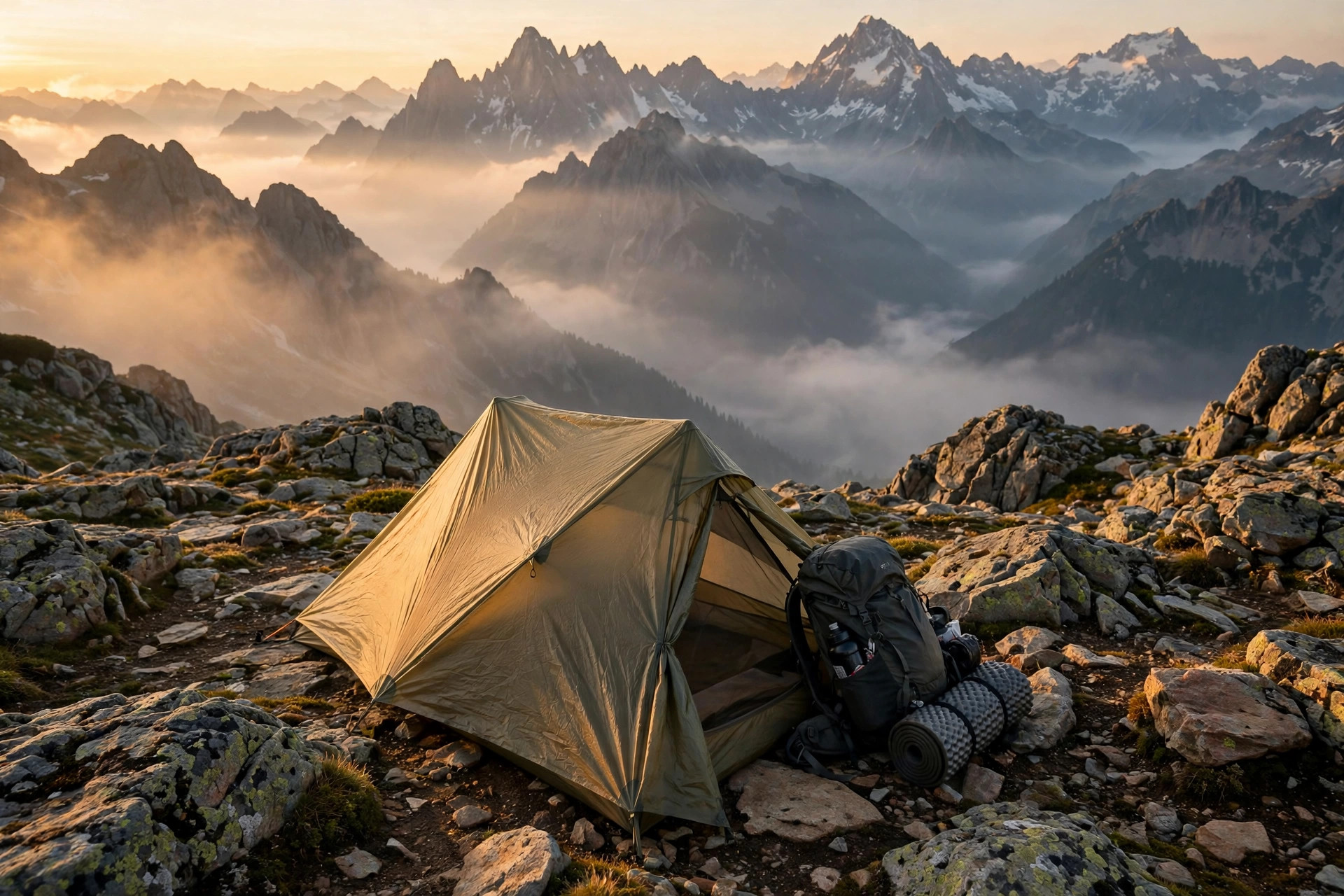 Small one-person backpacking tent pitched on a rocky alpine ridge at sunrise with a backpack beside the door