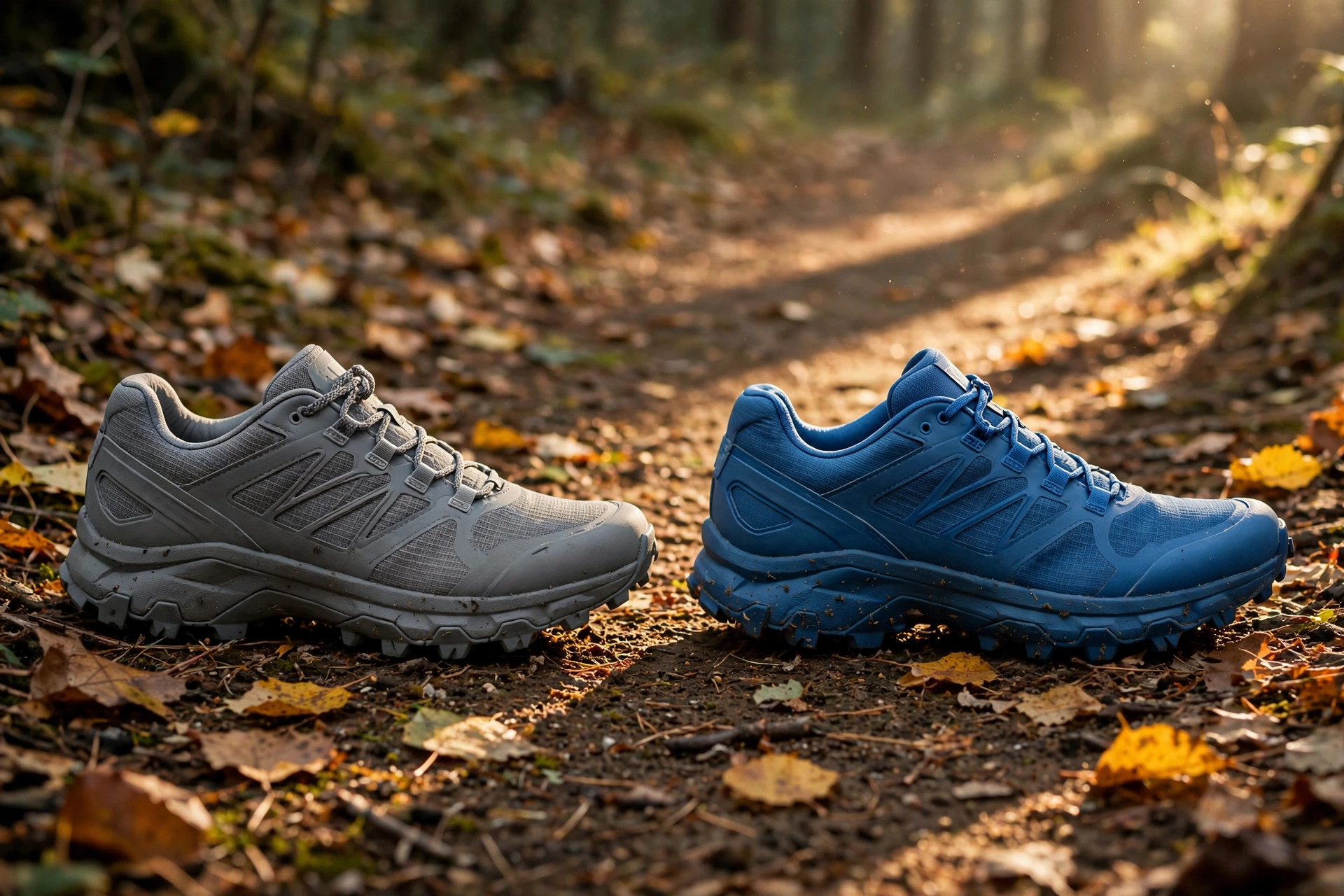 Two trail running shoes side by side on a forest path