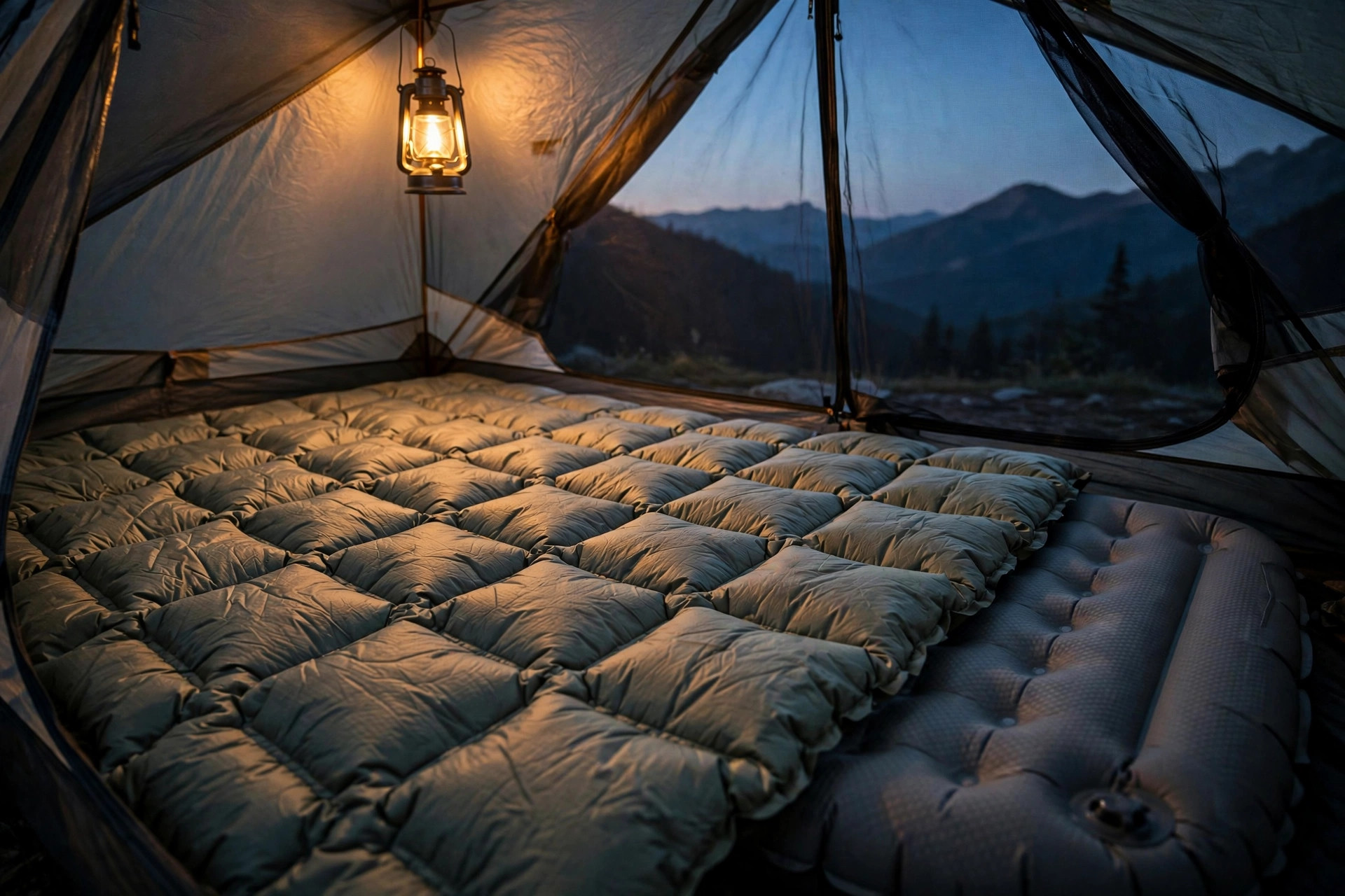 A backpacking quilt spread over a sleeping pad inside a tent at dusk, mountain silhouette visible through the mesh door