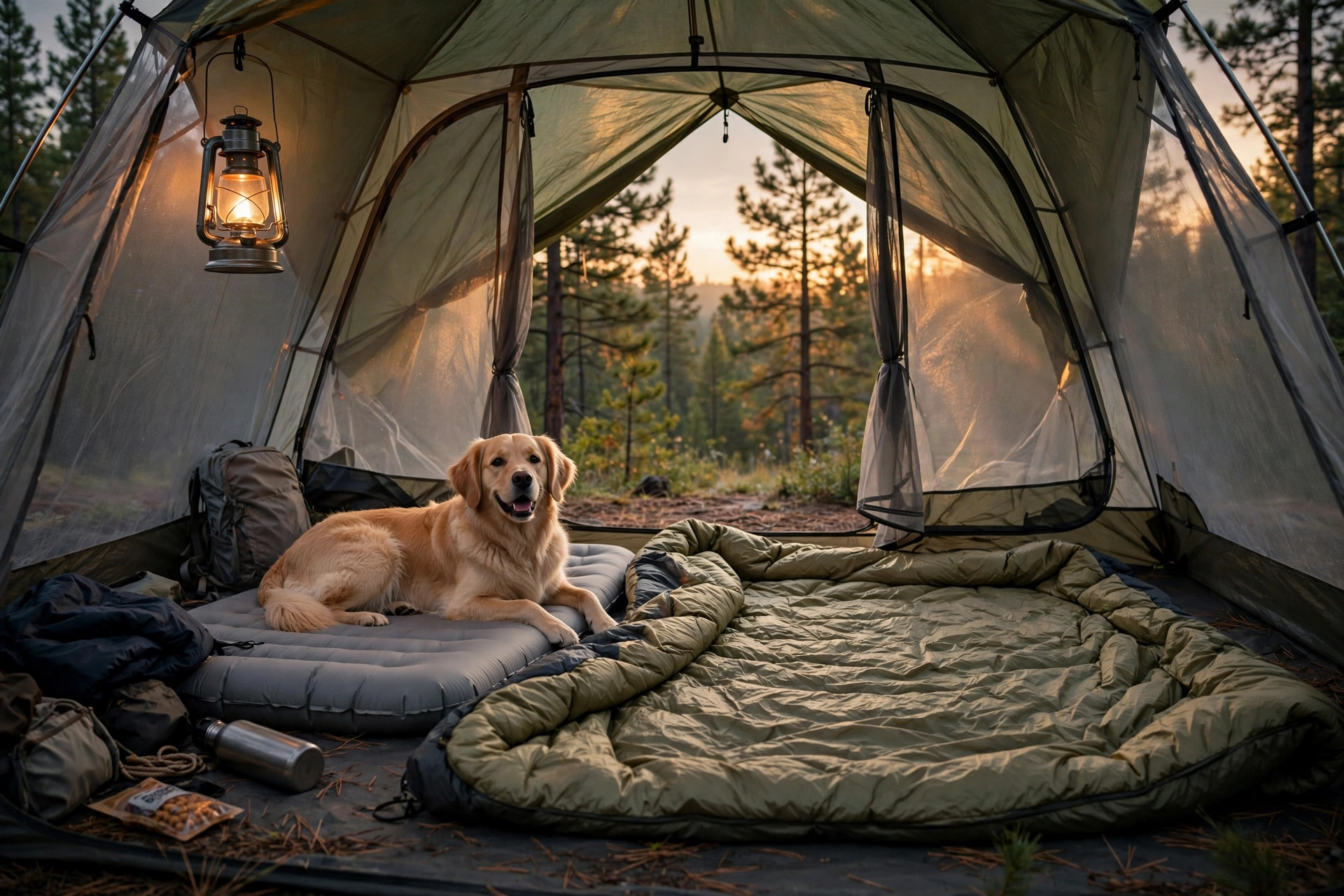 Golden retriever lying on a sleeping pad inside a glowing backpacking tent at dusk