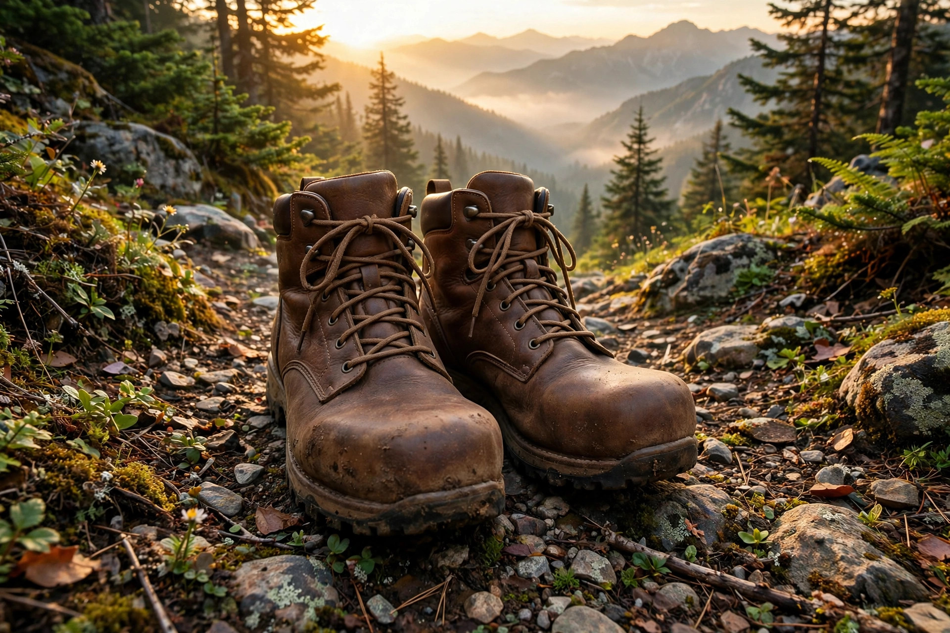 Mid-cut leather hiking boots with a roomy toe box standing on a rocky forest trail at sunrise with mountain ridges behind