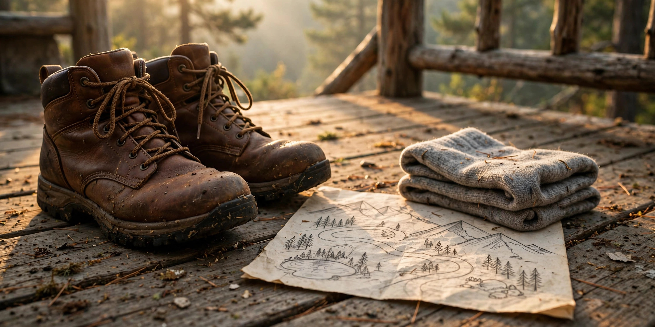 New leather hiking boots on a rustic wooden porch next to folded hiking socks and a trail map during the break-in period