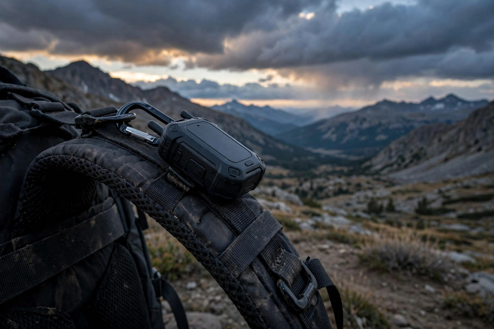 Satellite messenger clipped to a backpack strap in remote mountain wilderness