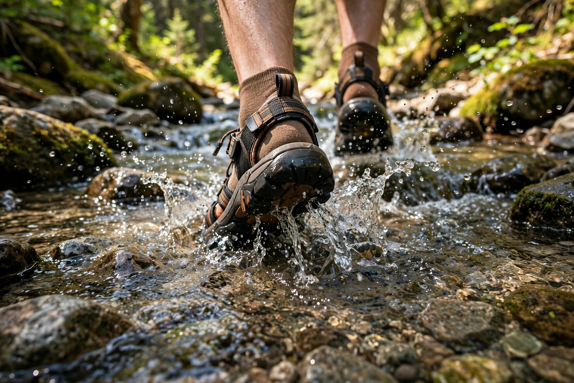 Hiker crossing a rocky mountain stream in sandals